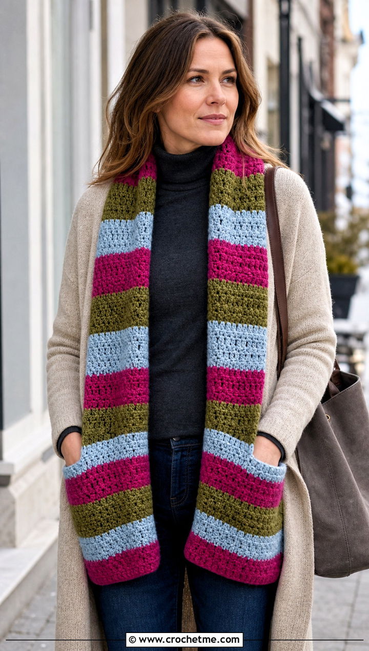 Pocket Crochet Striped Scarf With Knit Coat - 25 crochet striped scarf outfit ideas