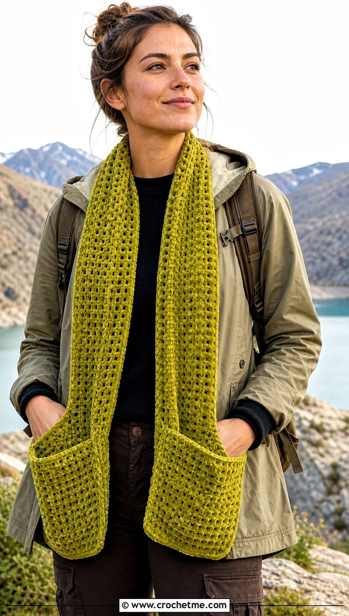 Pocket Crochet Velvet Scarf With Utility Outfit - 25 Crochet Velvet Scarf outfit ideas
