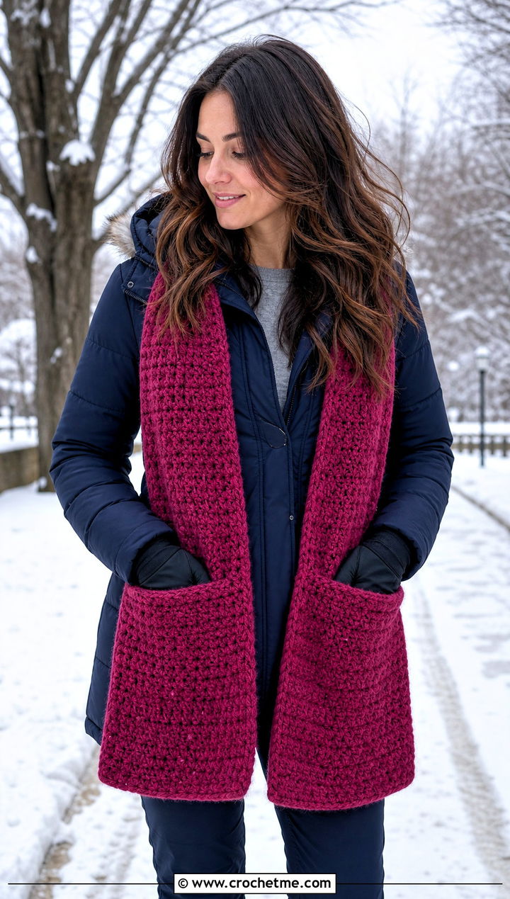Pocket Crochet Winter Scarf With Parka - 35 crochet winter scarf outfit ideas