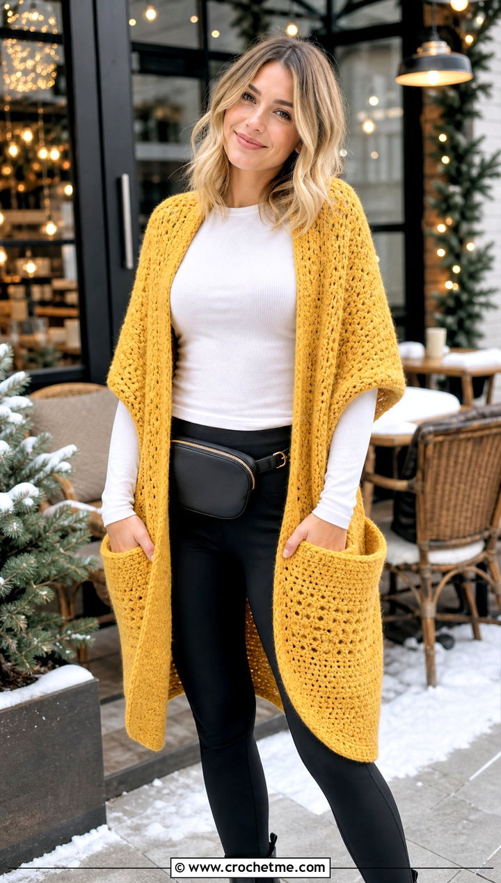 Pocket Crochet Winter Shawl With Leggings - 15 Crochet Winter Shawl outfit ideas
