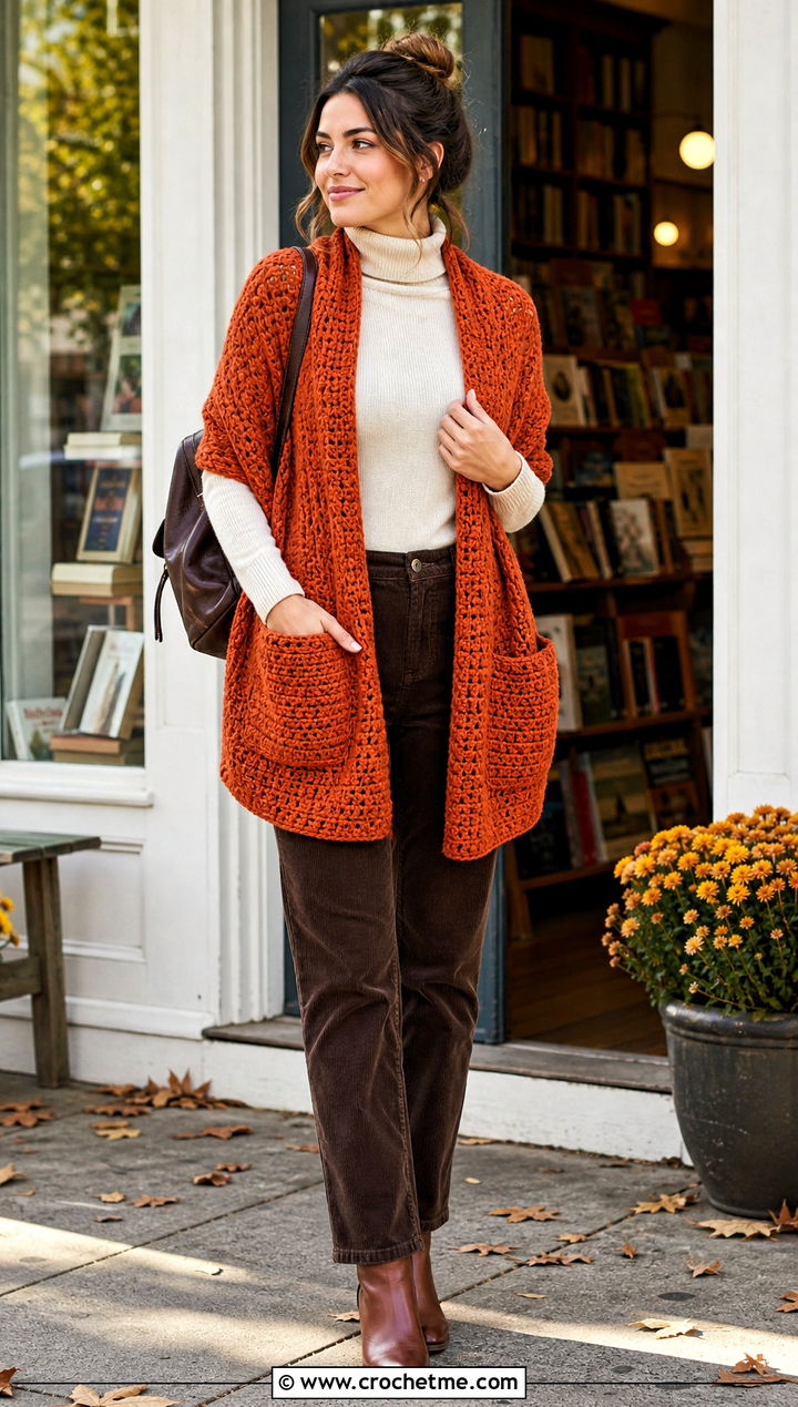 Pocket Crochet Wrap Shawl With Corduroy Pants - 35 crochet wrap shawl outfit ideas