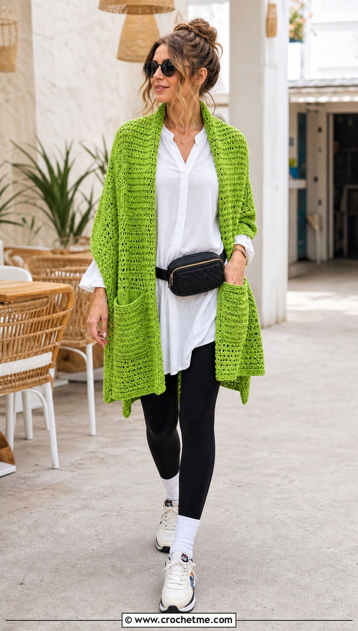 Pocket Crochet Wrap Shawl With Leggings - 35 crochet wrap shawl outfit ideas