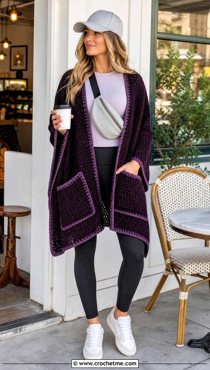 Pocket Crochet Wrap With Leggings And Retro Sneakers - 15 Crochet Spring Wrap outfit ideas