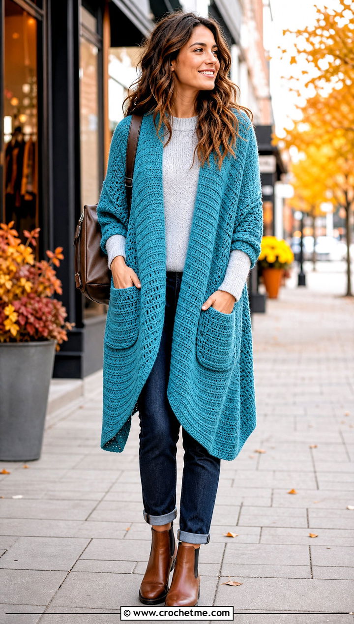 Pocket Crochet Wrap With Sweater And Jeans - 30 crochet shawl wraps outfit ideas