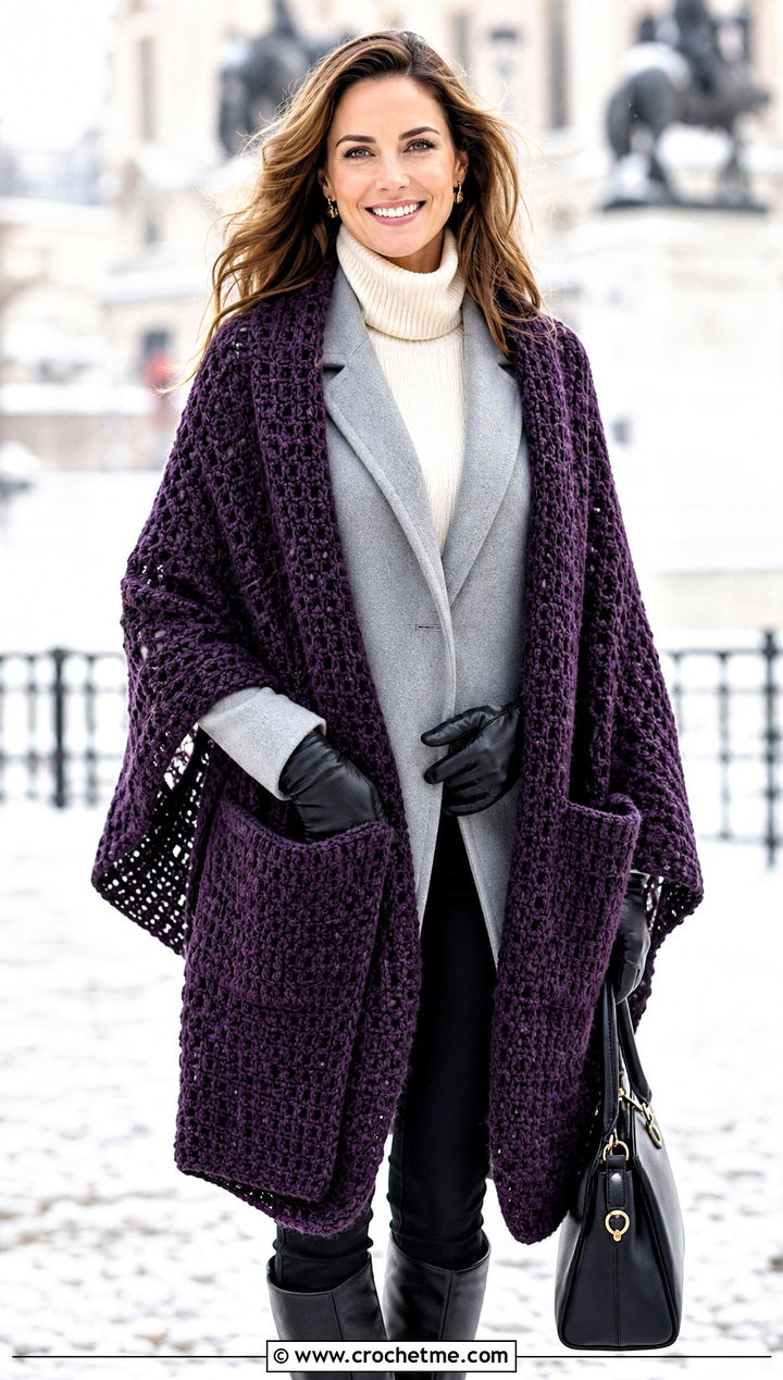 Pocket DK Yarn Crochet Shawl With Wool Coat - 25 Crochet Shawl Dk Yarn outfit ideas