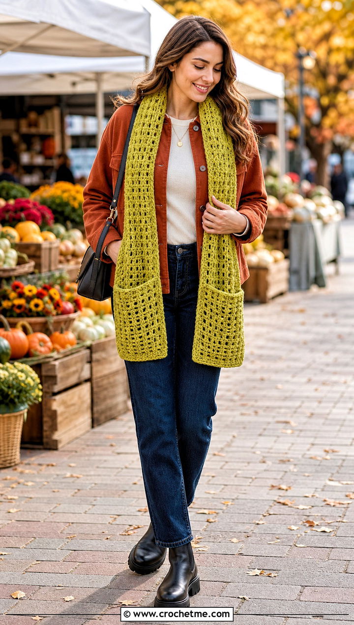 Pocket Double Crochet Scarf With Shacket And Straight Jeans - 35 double crochet scarf outfit ideas