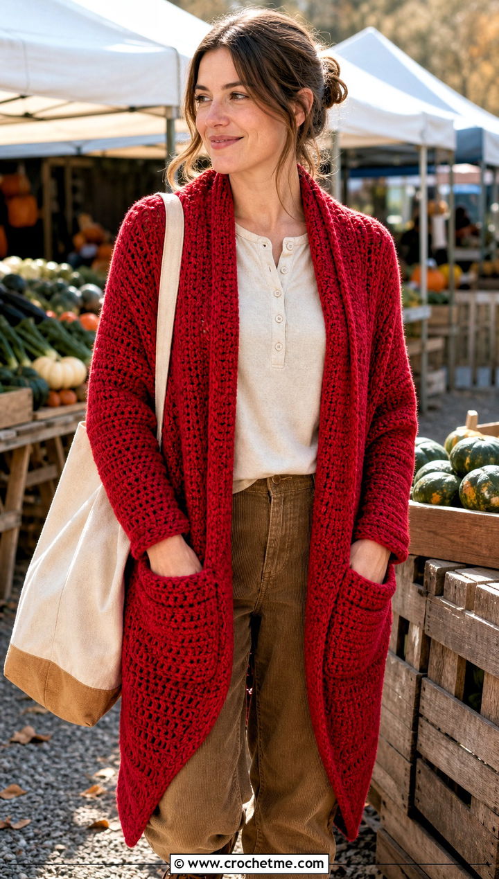 Pocket Double Crochet Shawl With Corduroy Pants - 20 Double Crochet Shawl outfit ideas