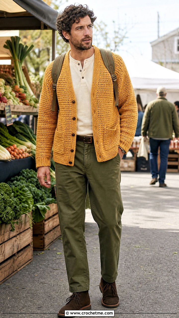Pocket Front Crochet Cardigan With Workwear Pants - 35 crochet cardigan men outfit ideas