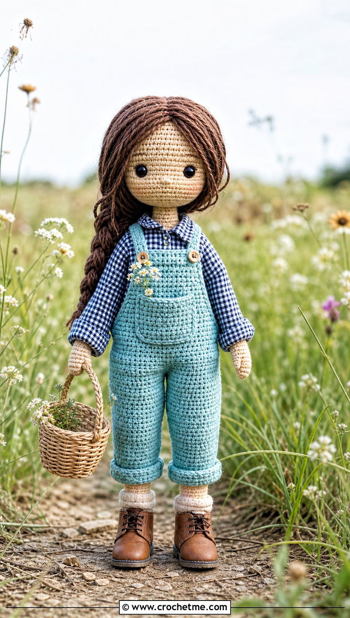 Pocket Front Crochet Doll Overalls With Gingham Shirt - 30 crochet doll overalls outfit ideas