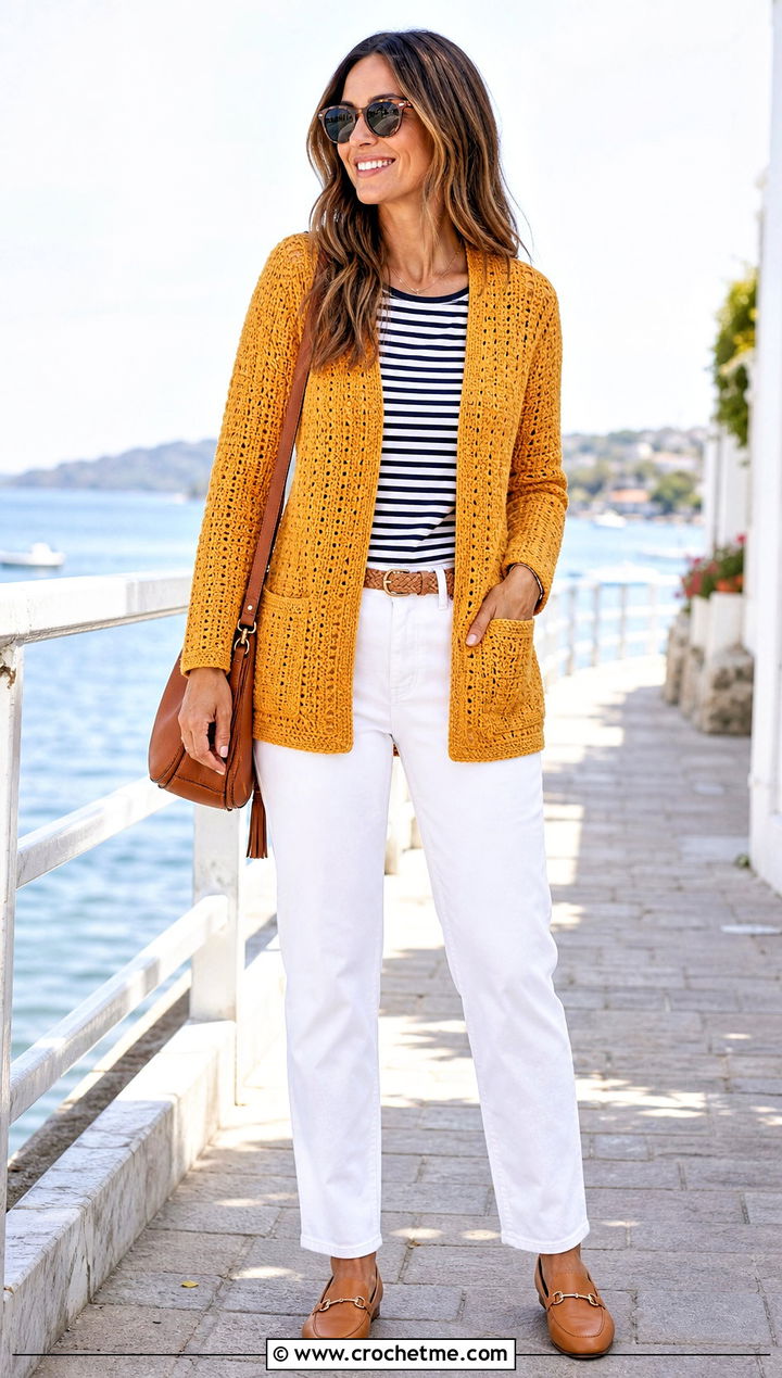 Pocket Front Knit Look Crochet Cardigan With White Jeans - 25 Knit Look Crochet Cardigan outfit ideas
