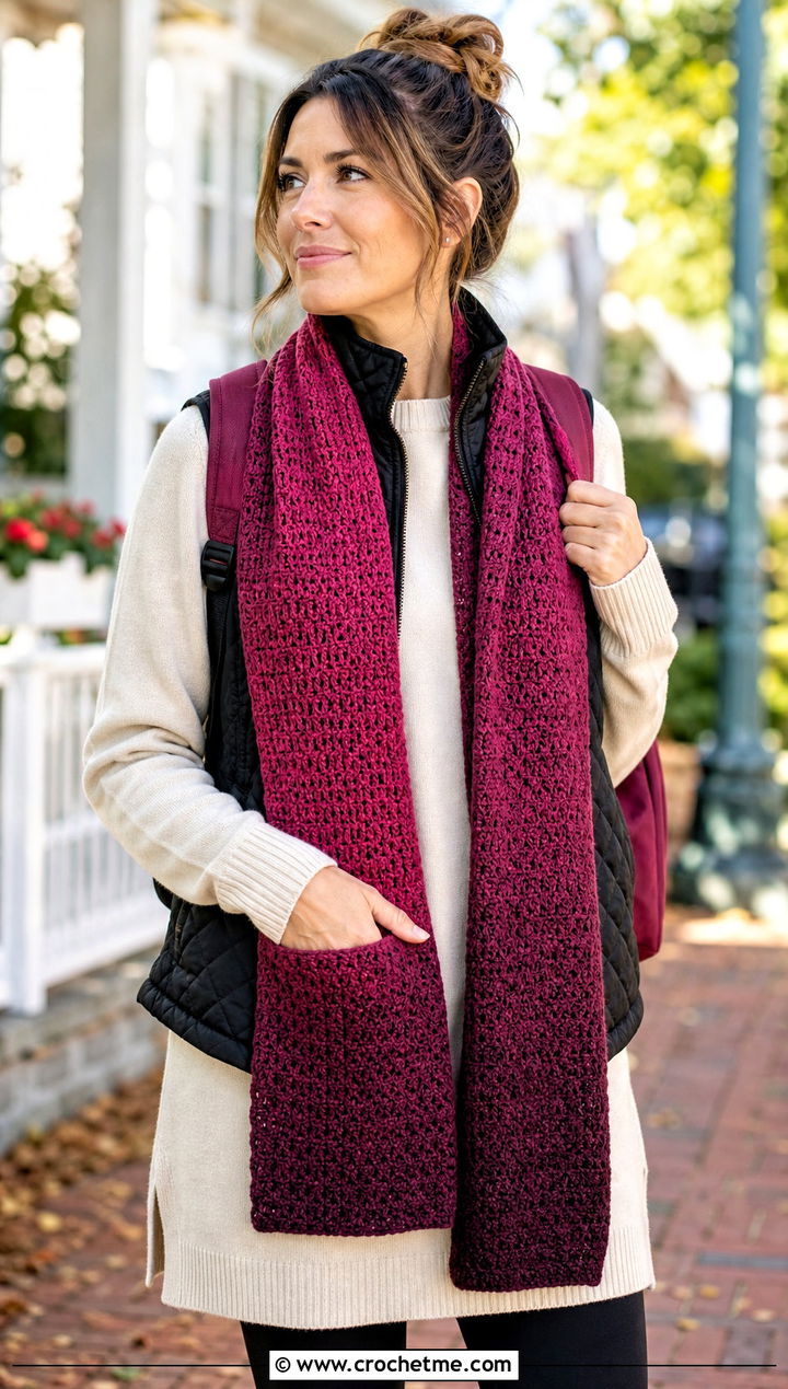 Pocket Gradient Crochet Scarf With Leggings - 25 gradient crochet scarf outfit ideas