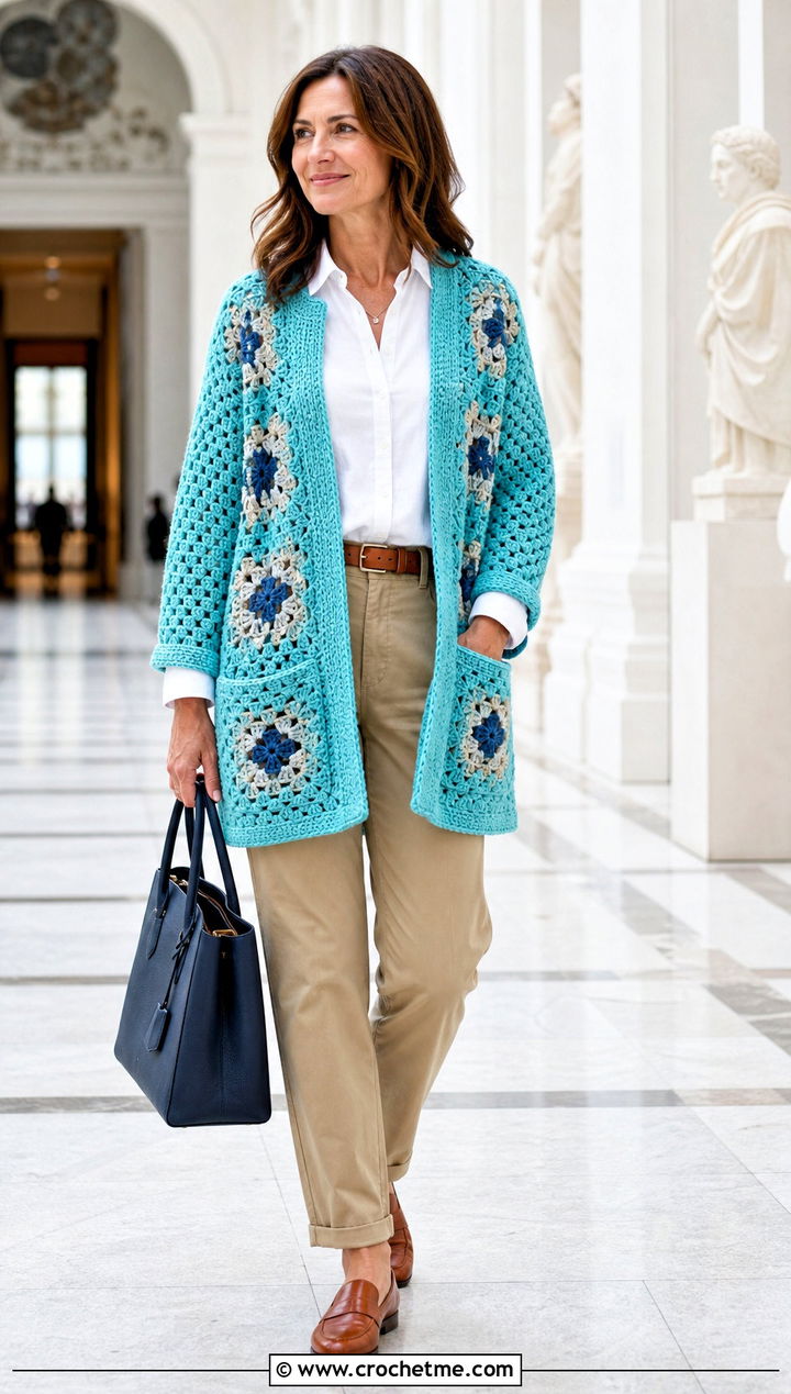 Pocket Granny Hexagon Crochet Cardigan With Chinos - 20 Hexagon Crochet Cardigan With Granny Squares outfit ideas