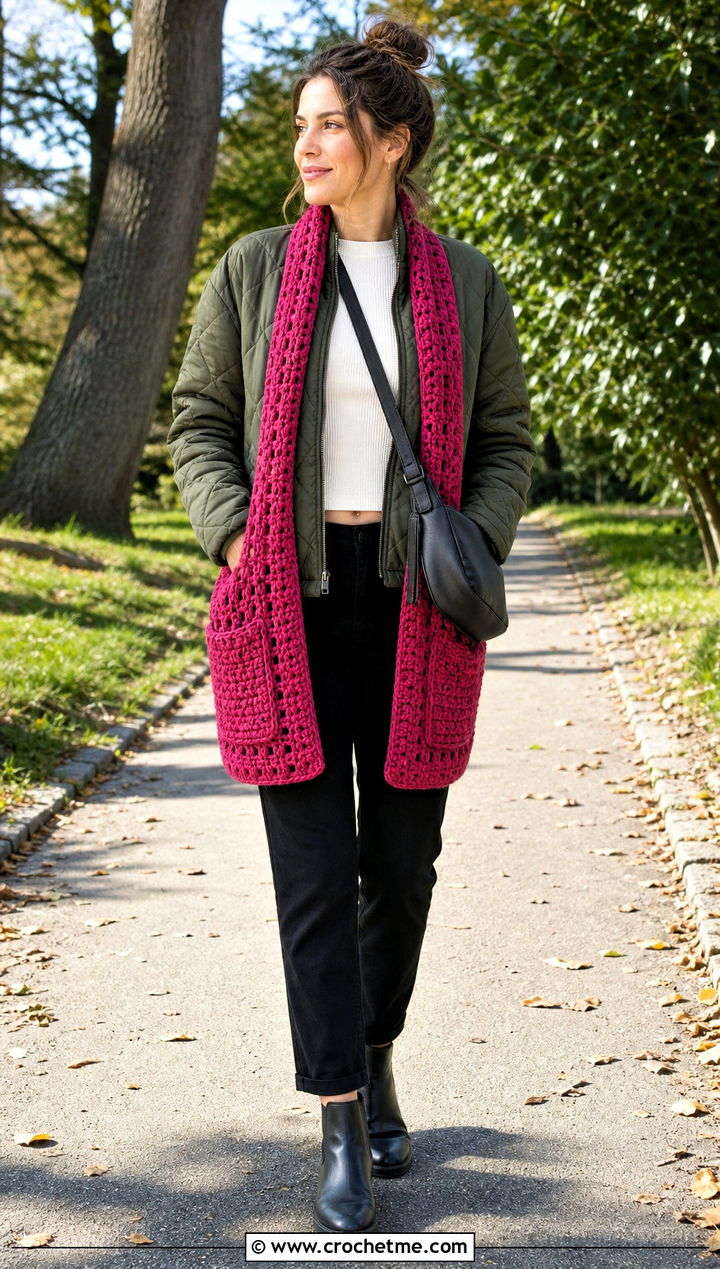 Pocket Granny Scarf With Quilted Jacket - 35 granny crochet scarf outfit ideas