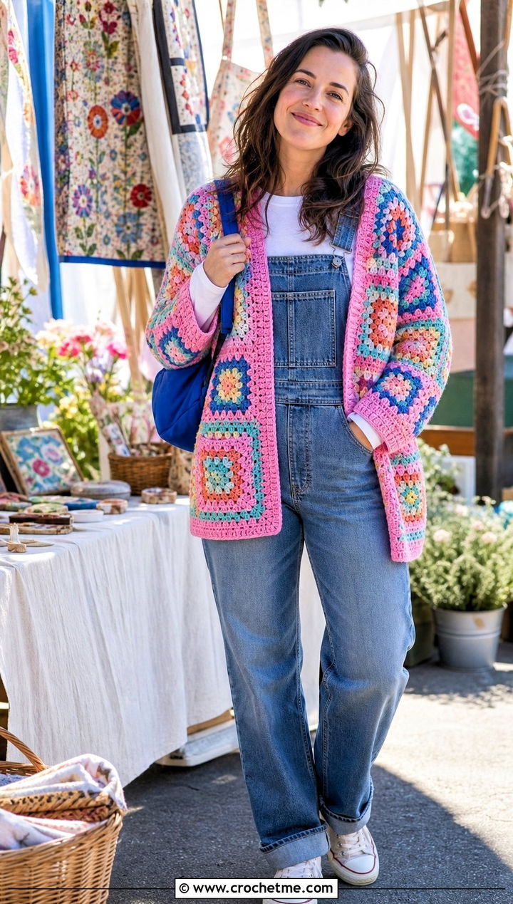 Pocket Granny Square Cardigan With Denim Overalls - 25 pastel granny square cardigan outfit ideas