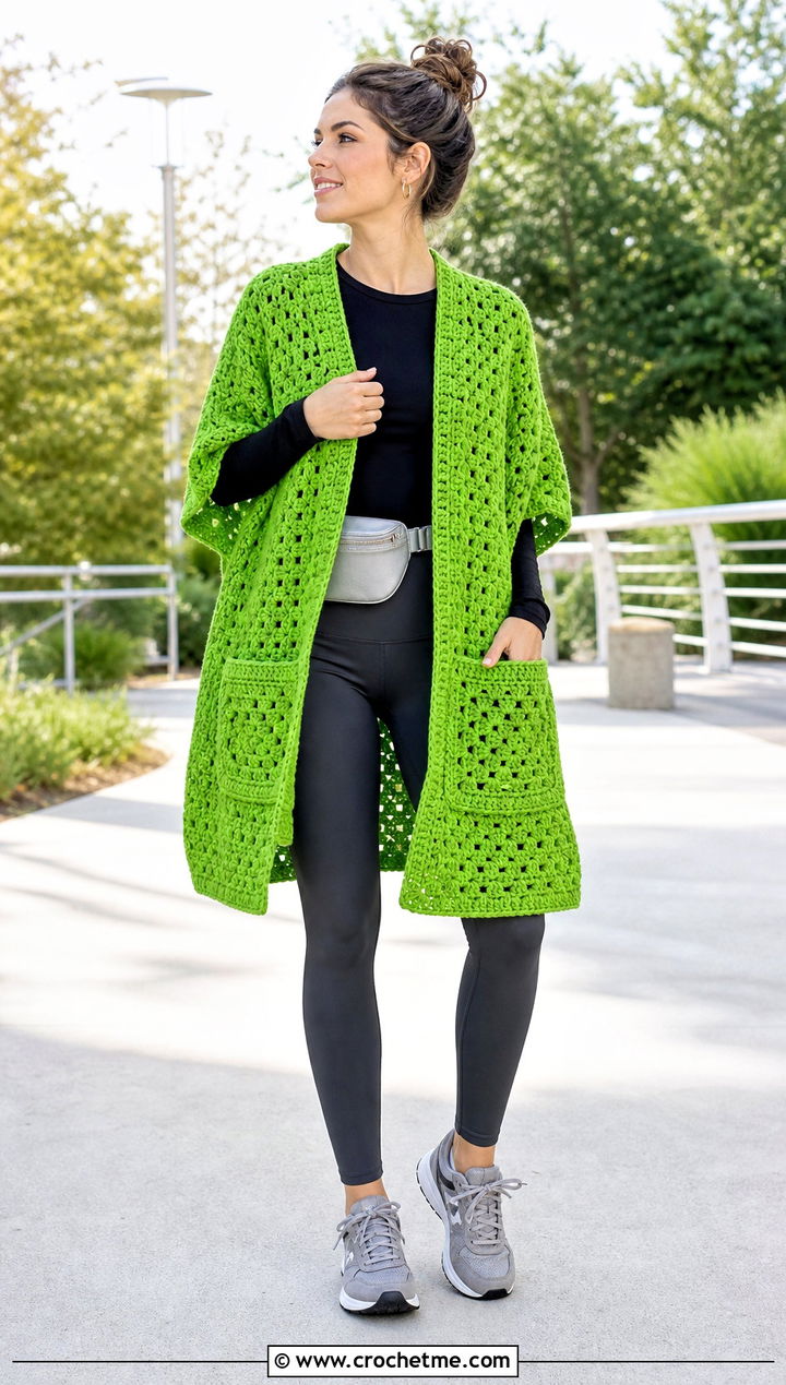Pocket Granny Square Ruana With Leggings - 25 Granny Square Ruana outfit ideas