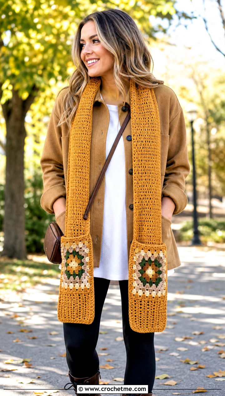 Pocket Granny Square Scarf With Shacket and Leggings - 25 granny square scarves outfit ideas