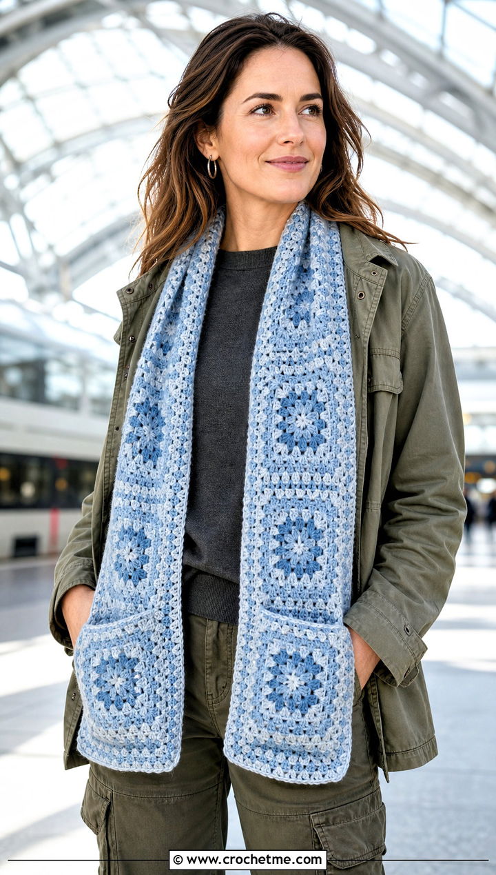 Pocket Granny Square Scarf With Sweater And Cargo Pants - 30 crochet scarf squares outfit ideas