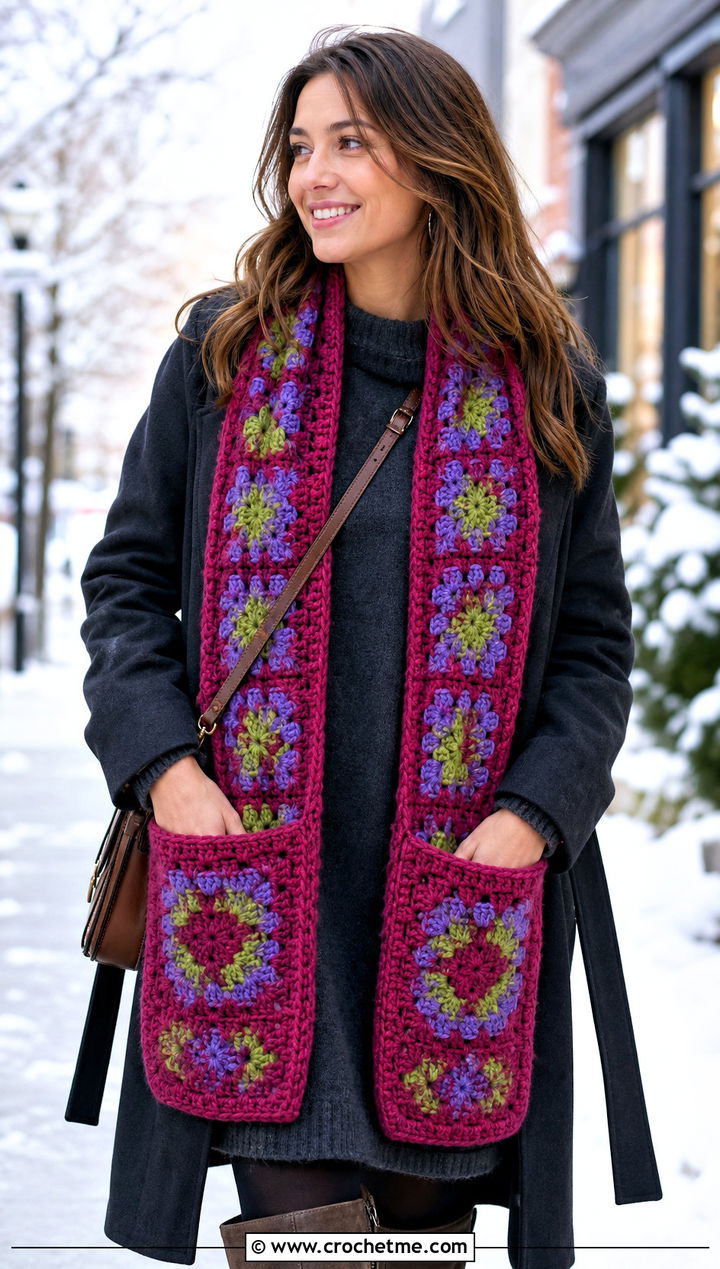 Pocket Granny Square Scarf With Sweater Dress And Boots - 30 crochet granny square scarf outfit ideas