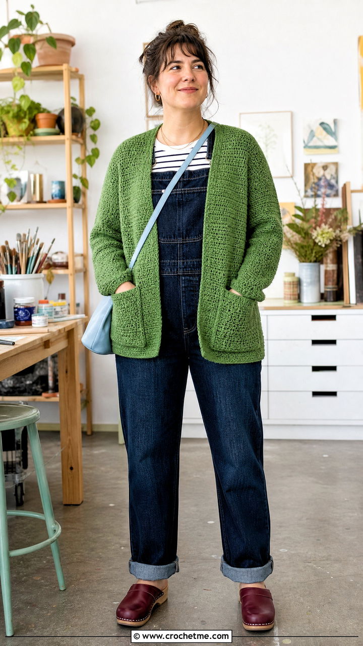 Pocket Green Crochet Cardigan With Overalls - 35 green crochet cardigan outfit ideas