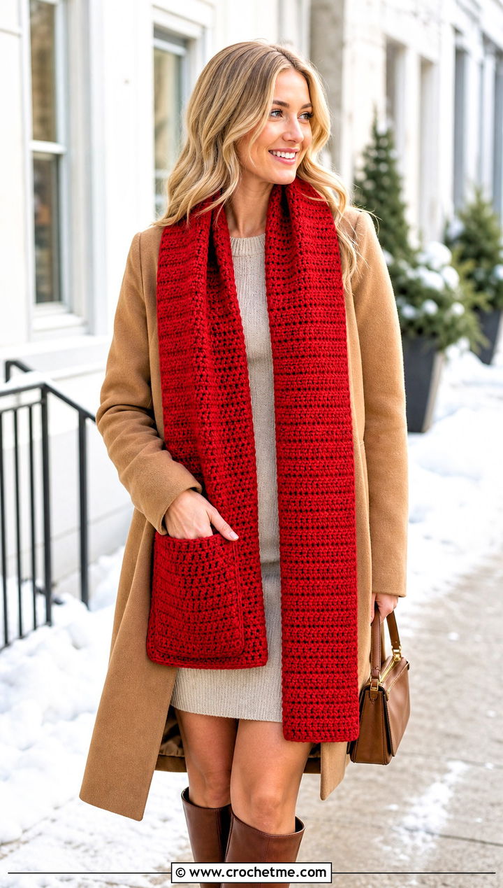 Pocket HDC Crochet Scarf With Sweater Dress - 20 Hdc Crochet Scarf outfit ideas