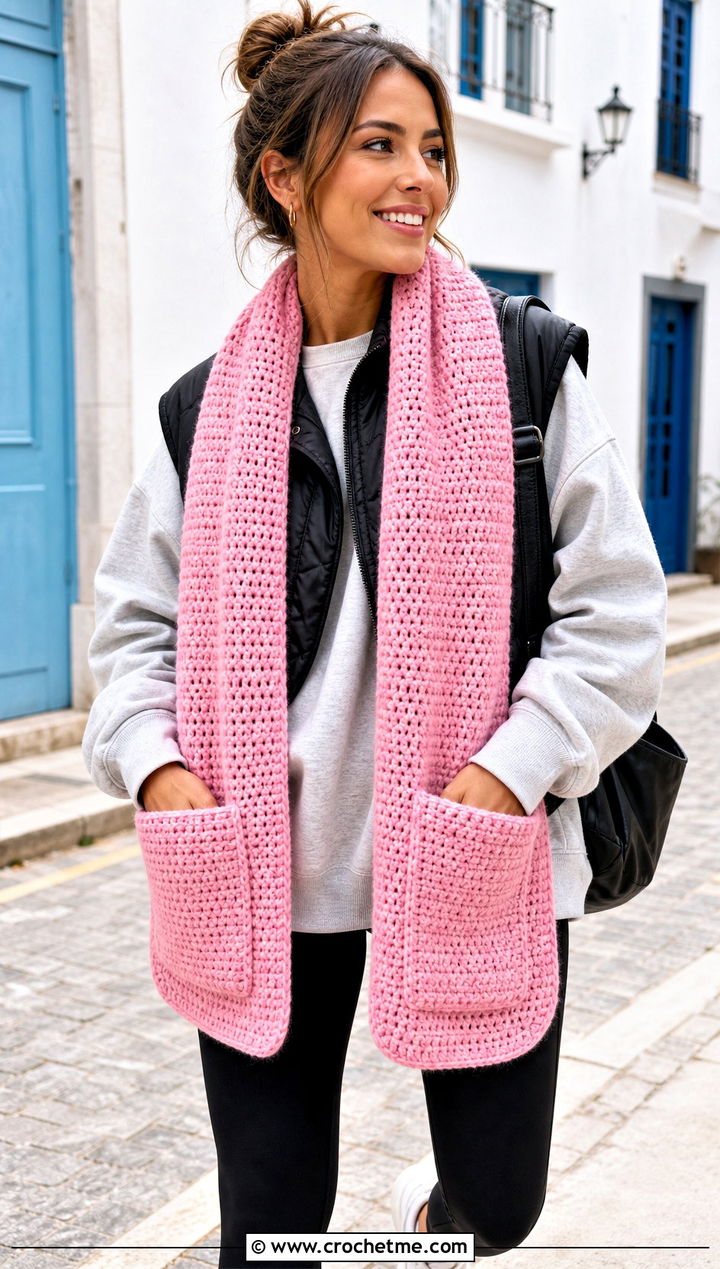 Pocket Half Double Crochet Scarf With Leggings - 20 Half Double Crochet Scarf outfit ideas
