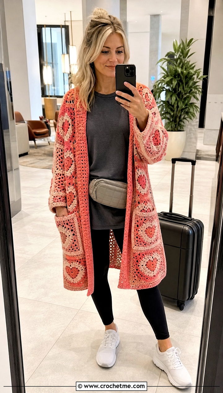 Pocket Heart Crochet Shawl With Leggings - 25 Heart Crochet Shawl outfit ideas
