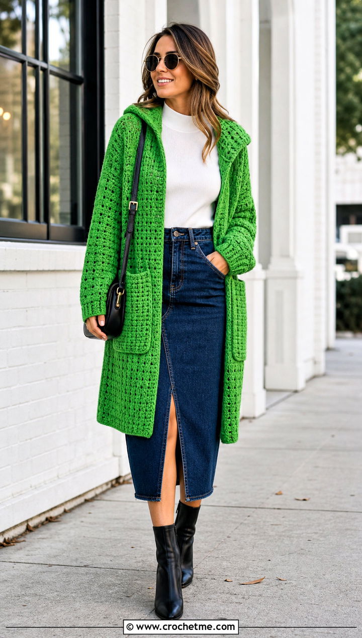 Pocket Hooded Crochet Cardigan With Denim Midi Skirt - 35 hooded crochet cardigan outfit ideas
