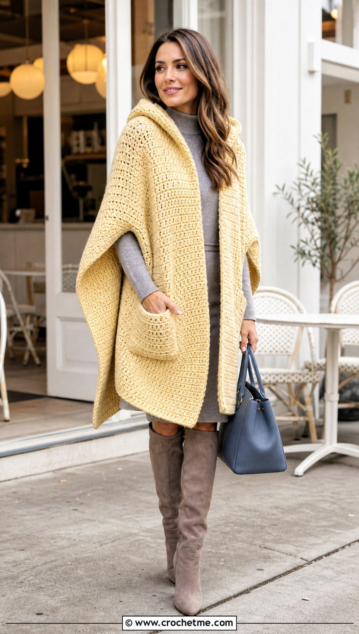 Pocket Hooded Crochet Ruana With Sweater Dress - 20 Hooded Crochet Ruana outfit ideas