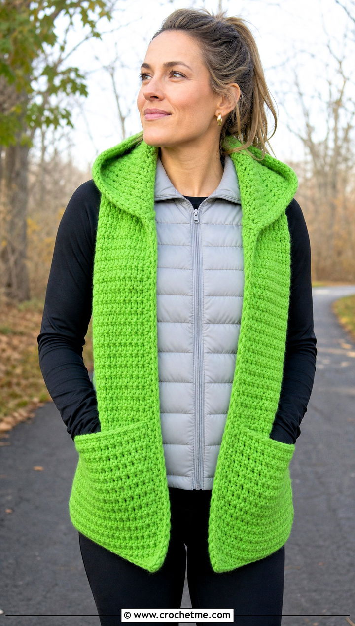 Pocket Hooded Scarf With Leggings And Puffer Vest - 25 Crochet Hoodie Scarf outfit ideas
