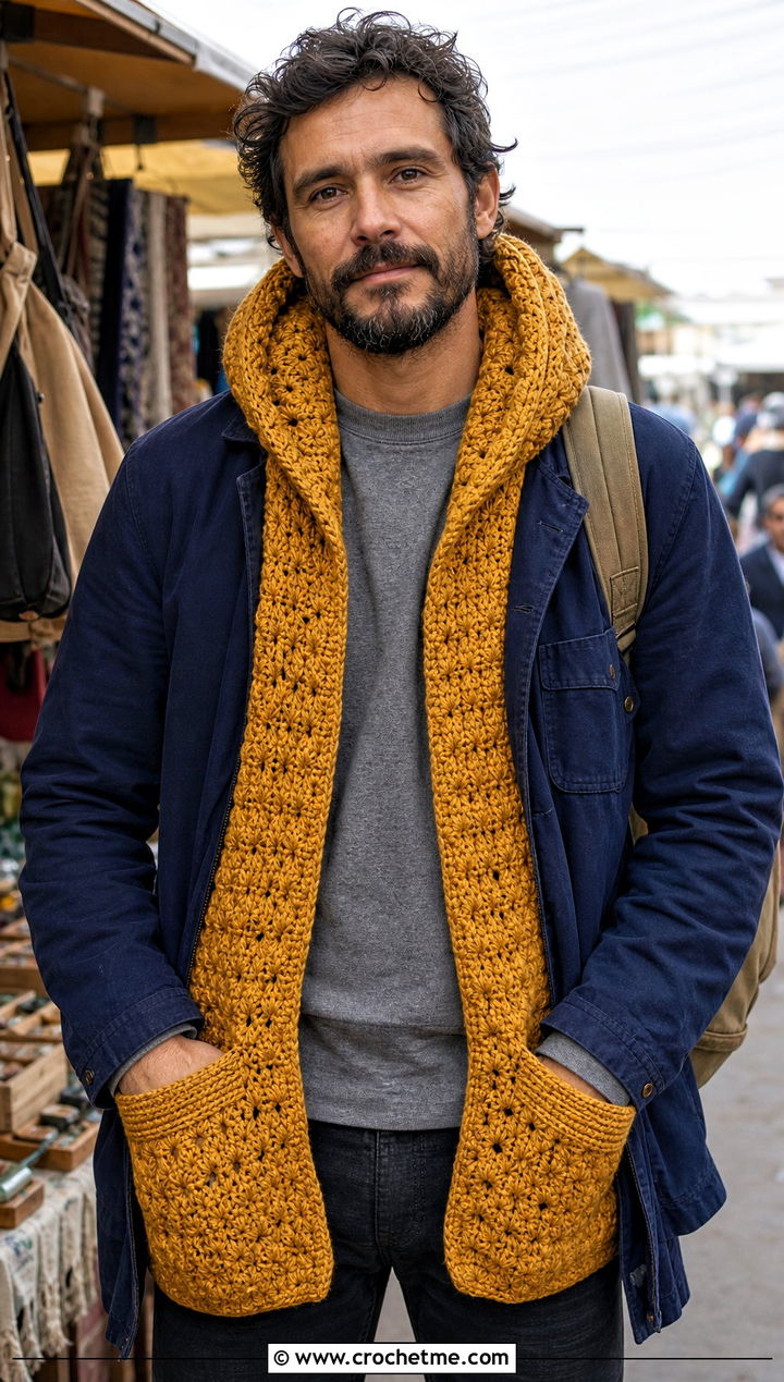 Pocket Hooded Scarf With Workwear Jacket - 20 Crochet Hooded Scarf For Men outfit ideas