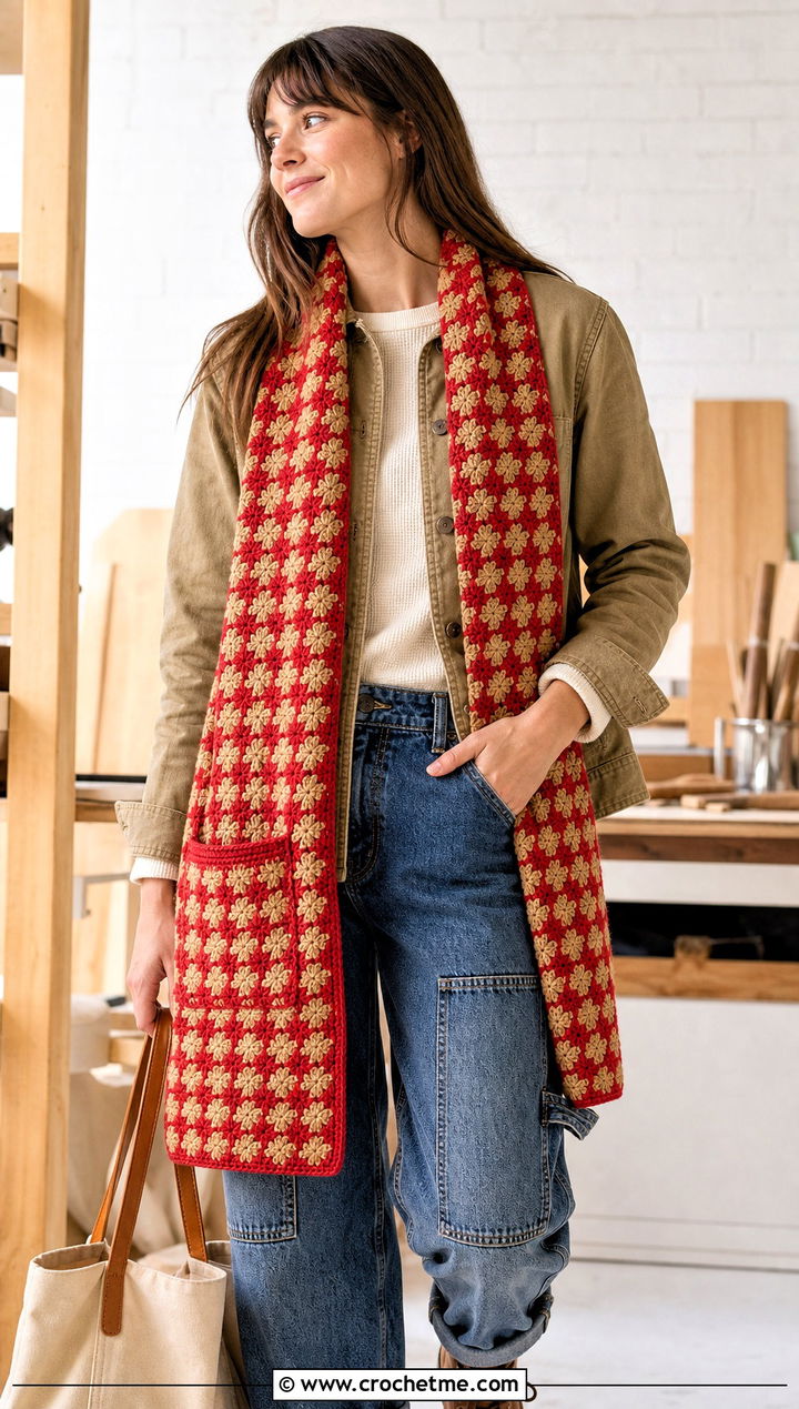 Pocket Houndstooth Crochet Scarf With Chore Jacket - 15 Houndstooth Crochet Scarf outfit ideas