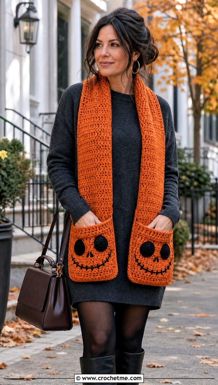 Pocket Jack Skellington Crochet Scarf With Sweater Dress - 20 Crochet Jack Skellington Scarf outfit ideas