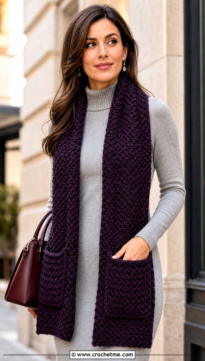 Pocket Lemon Peel Stitch Scarf With Sweater Dress - 20 Crochet Lemon Peel Stitch Scarf outfit ideas