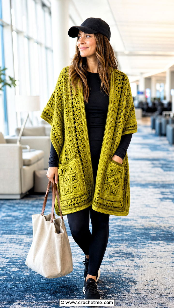 Pocket Mosaic Crochet Shawl With Leggings - 30 mosaic crochet shawl outfit ideas