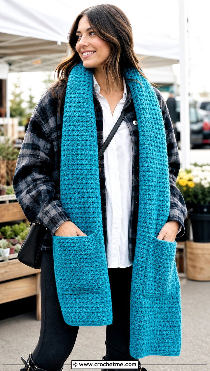 Pocket Moss Stitch Crochet Scarf With Leggings And Shacket - 25 Moss Stitch Crochet Scarf outfit ideas