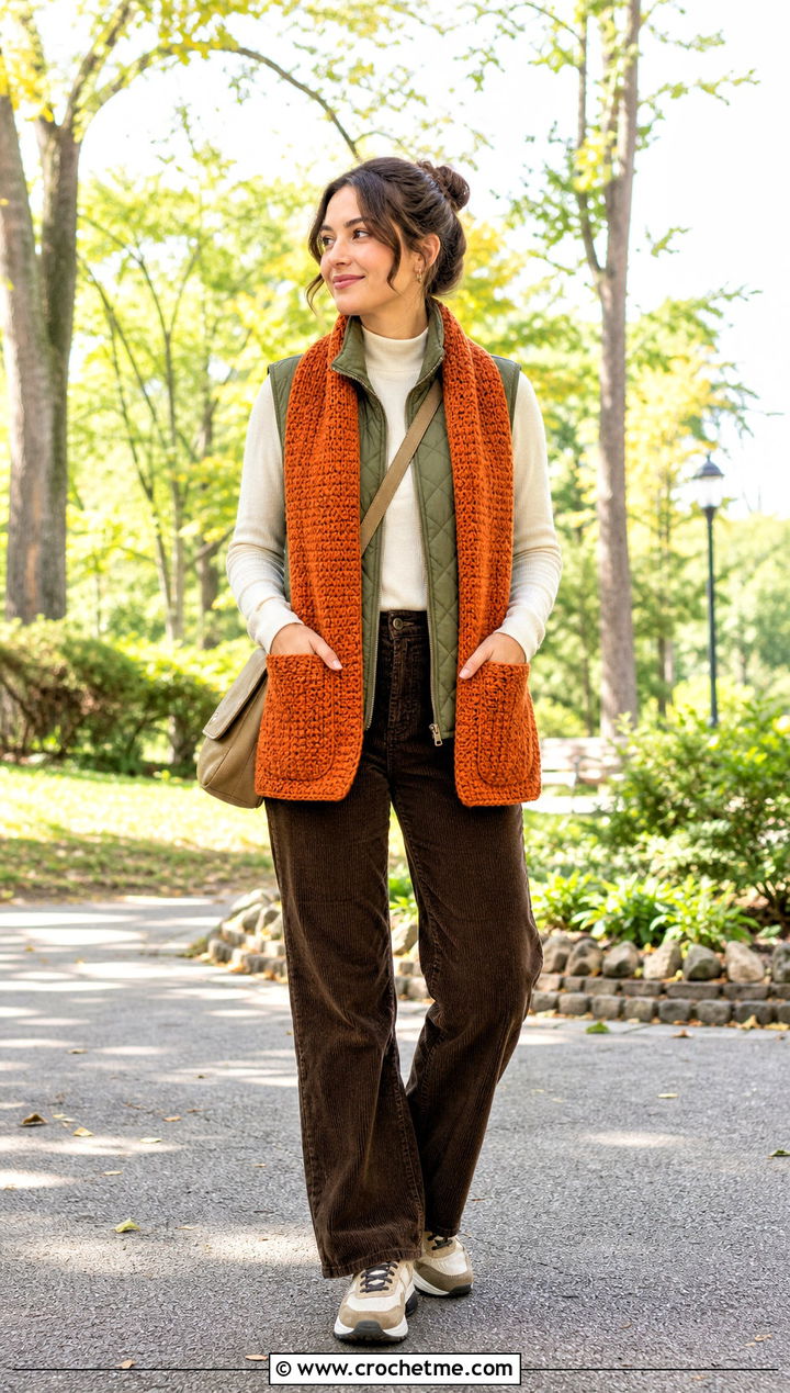 Pocket Moss Stitch Scarf With Quilted Vest And Corduroy Pants - 35 crochet moss stitch scarf outfit ideas