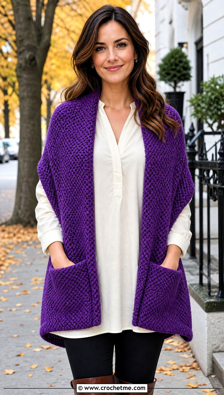Pocket Moss Stitch Shawl With Leggings And Boots - 25 Crochet Moss Stitch Shawl outfit ideas