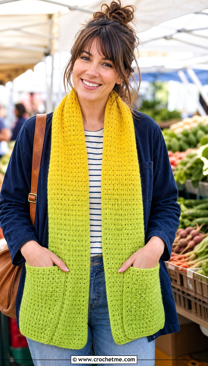 Pocket Ombre Crochet Scarf With Chore Jacket - 25 Ombre Crochet Scarf outfit ideas