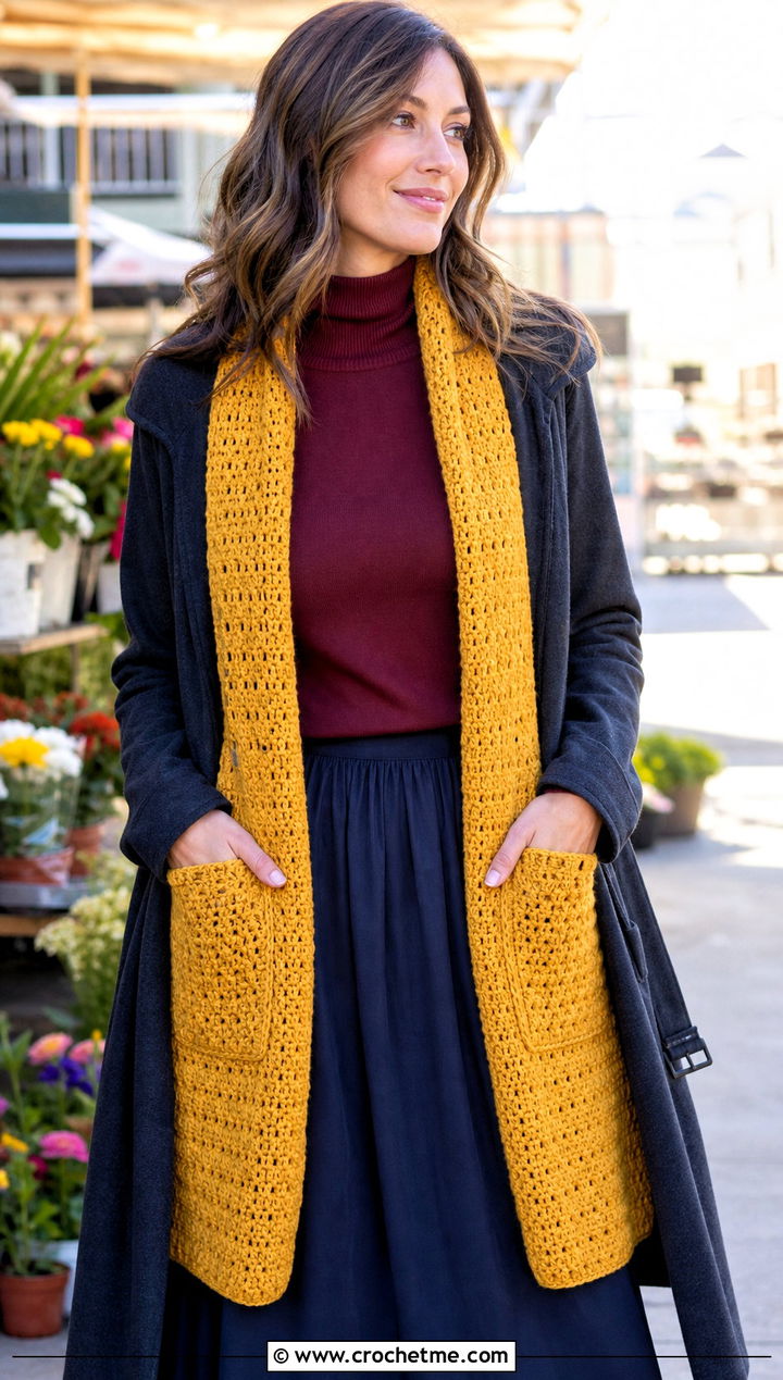 Pocket One Row Repeat Crochet Scarf With Midi Skirt - 20 one row repeat crochet scarf outfit ideas