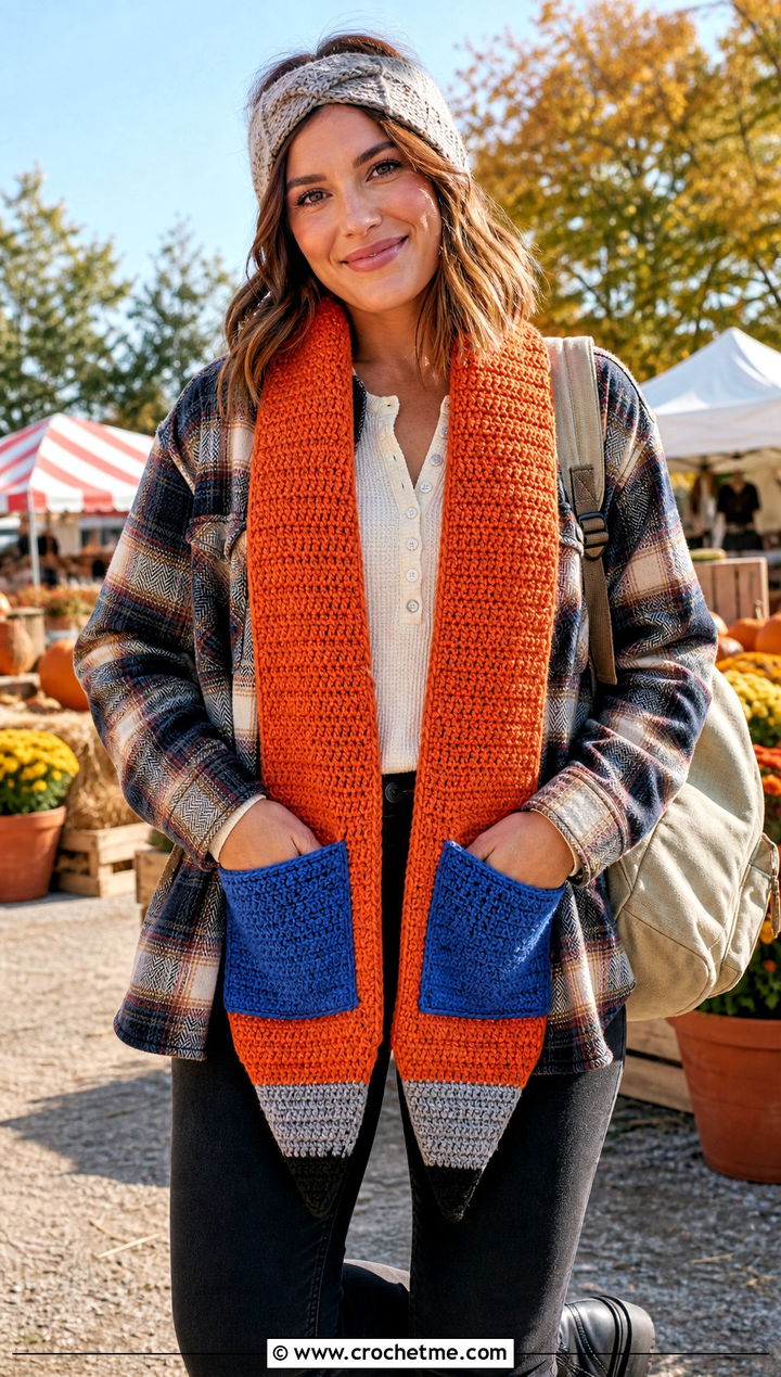 Pocket Pencil Crochet Scarf With Shacket - 30 Pencil Crochet Scarf outfit ideas