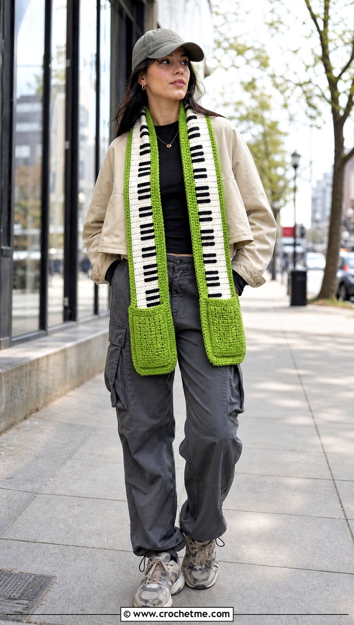 Pocket Piano Scarf With Cargo Pants - 35 crochet piano scarf outfit ideas