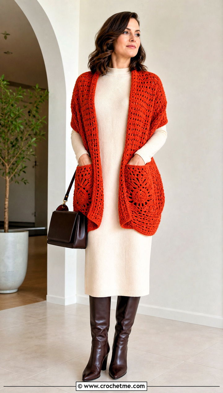 Pocket Pineapple Crochet Shawl With Sweater Dress - 25 pineapple crochet shawl outfit ideas