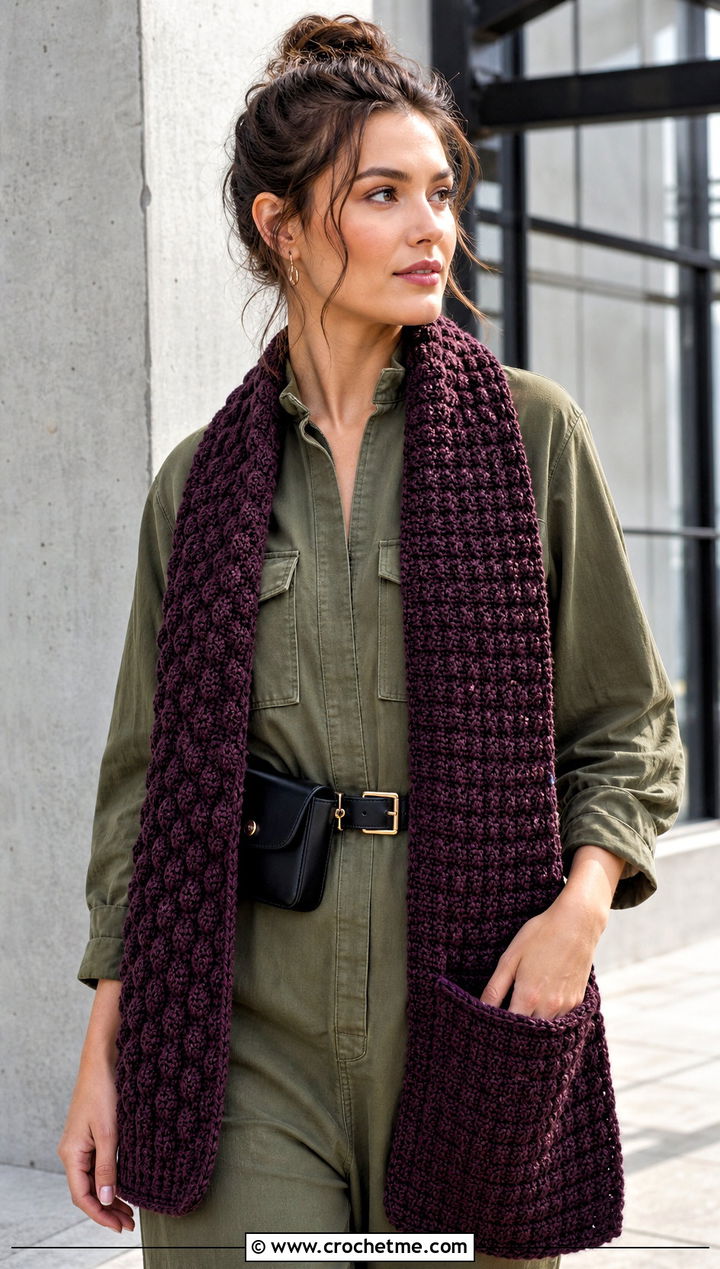 Pocket Popcorn Crochet Scarf With Utility Jumpsuit - 25 Popcorn Crochet Scarf outfit ideas