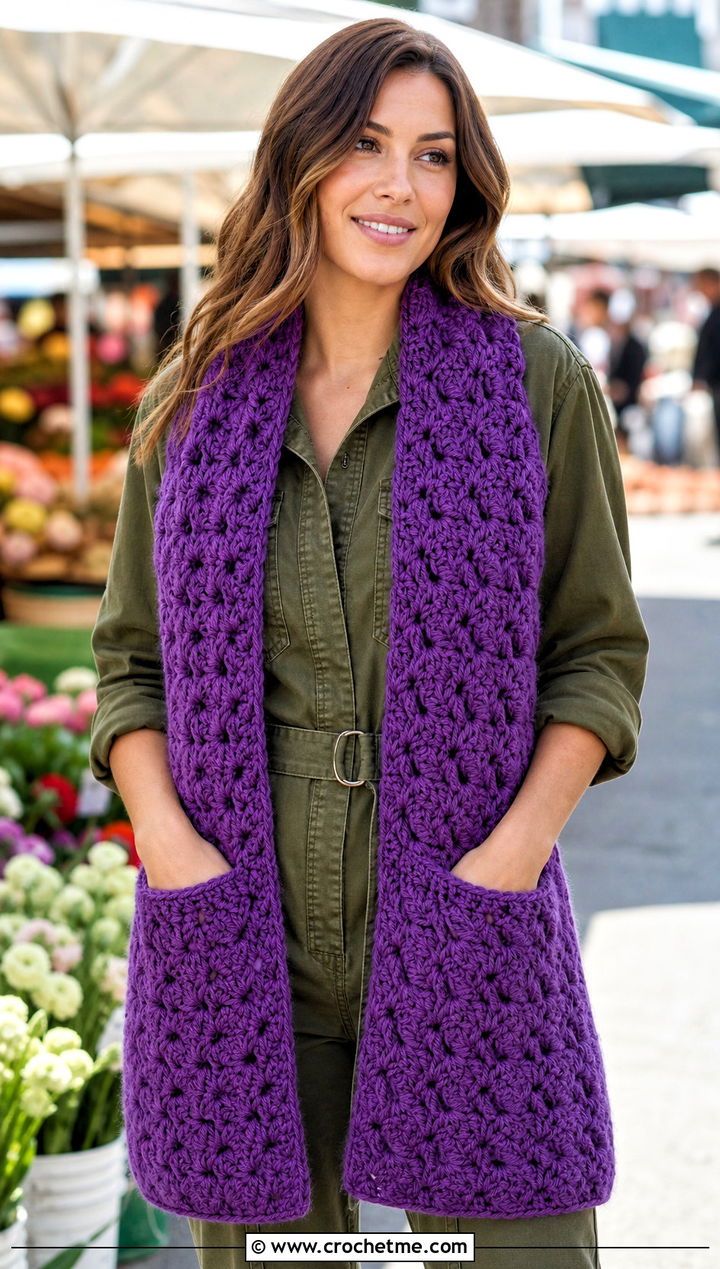Pocket Puff Stitch Scarf With Utility Jumpsuit - 15 Playful Puffs Crochet Scarf outfit ideas