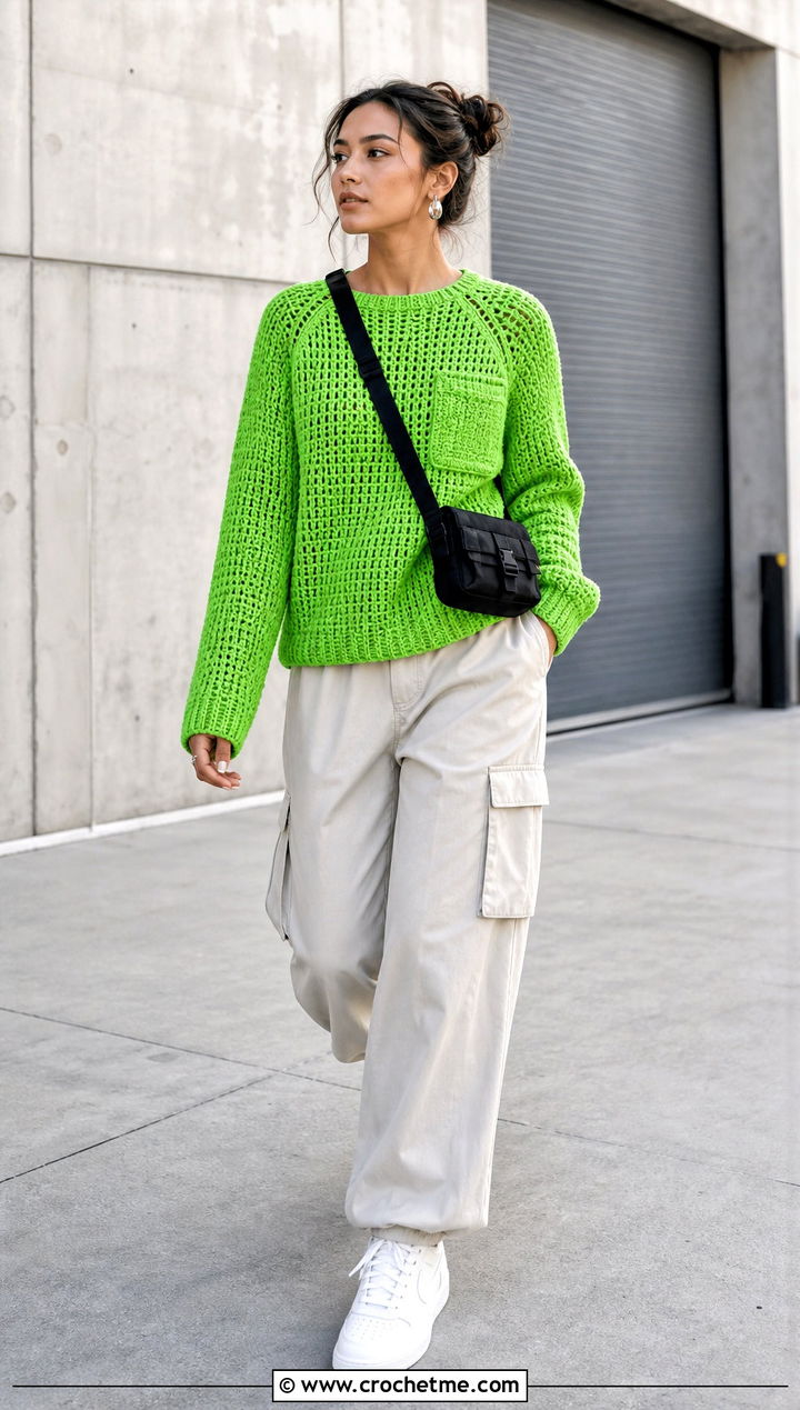 Pocket Raglan Crochet Sweater With Cargo Pants - 15 pocket raglan crochet sweater outfit ideas
