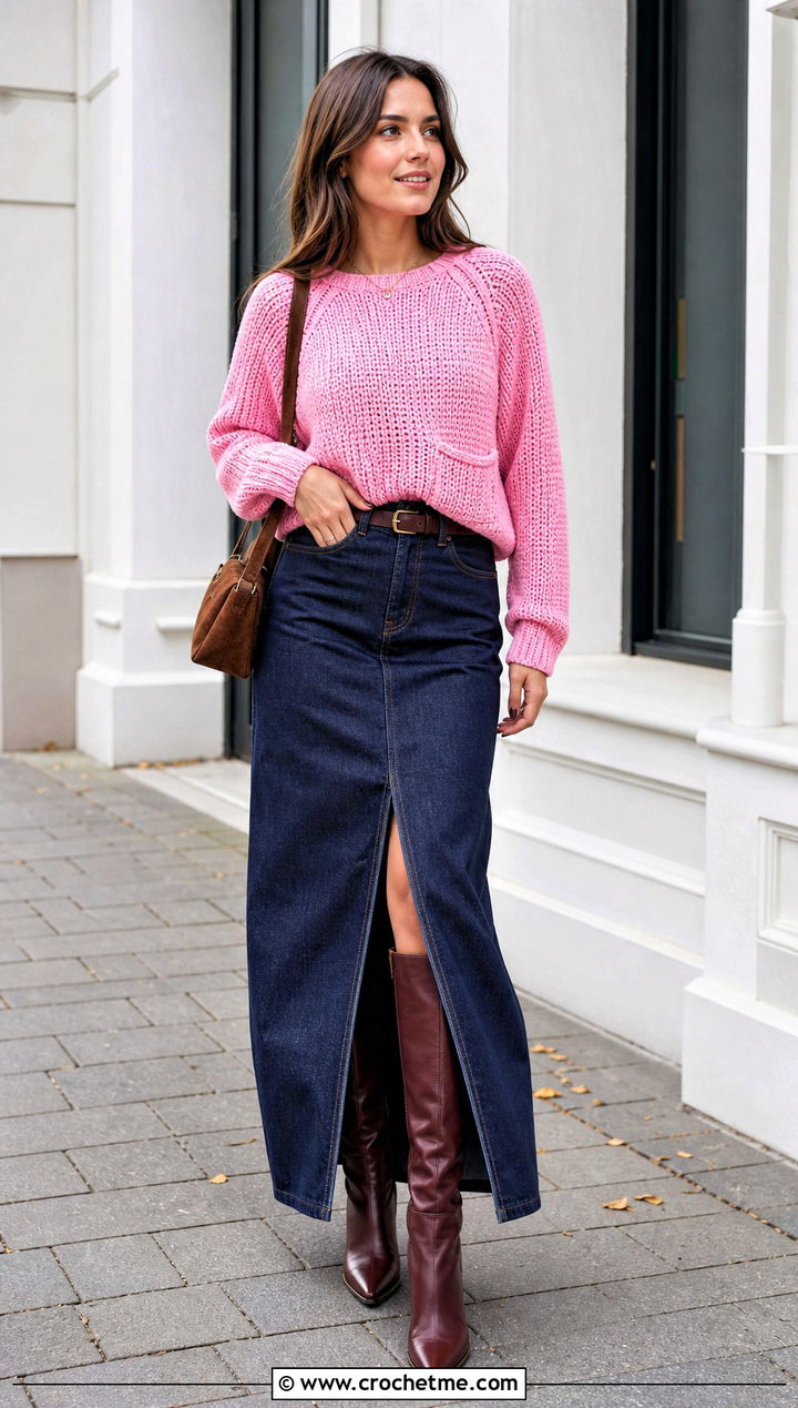 Pocket Raglan Crochet Sweater With Denim Maxi Skirt - 15 pocket raglan crochet sweater outfit ideas