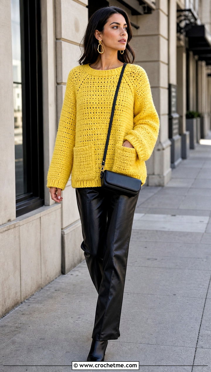 Pocket Raglan Crochet Sweater With Leather Pants - 15 pocket raglan crochet sweater outfit ideas