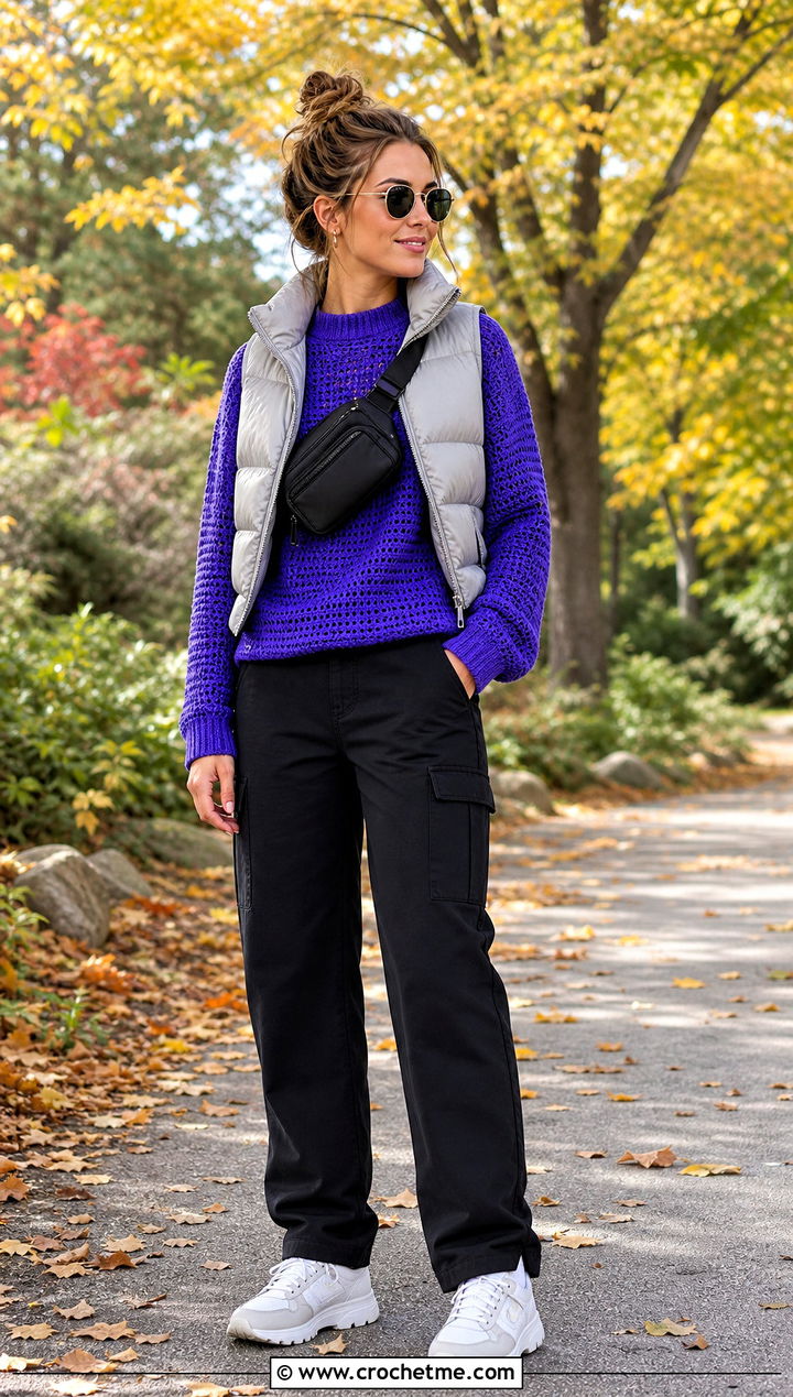 Pocket Raglan Crochet Sweater With Puffer Vest - 15 pocket raglan crochet sweater outfit ideas