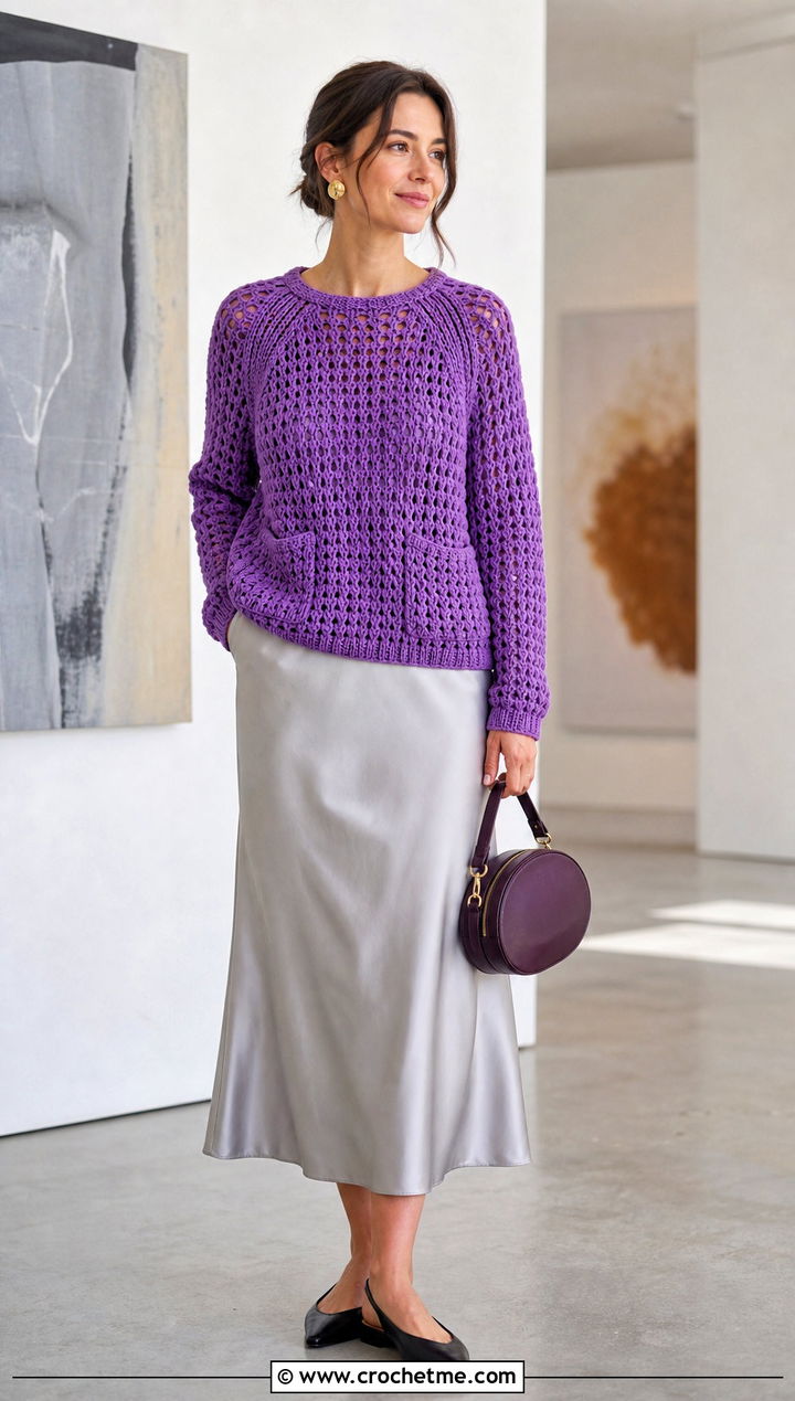 Pocket Raglan Crochet Sweater With Satin Midi Skirt - 15 pocket raglan crochet sweater outfit ideas