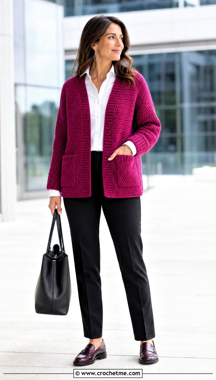 Pocket Raglan Crochet Sweater With White Button Down Shirt - 15 pocket raglan crochet sweater outfit ideas